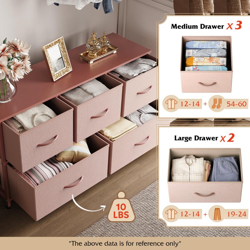 WLIVE Dresser for Bedroom with 5 Drawers, Wide Chest of Drawers, Fabric Dresser, Storage Organization Unit with Fabric Bins for Closet, Living Room, Hallway, Pink and Rose Gold - Image 3