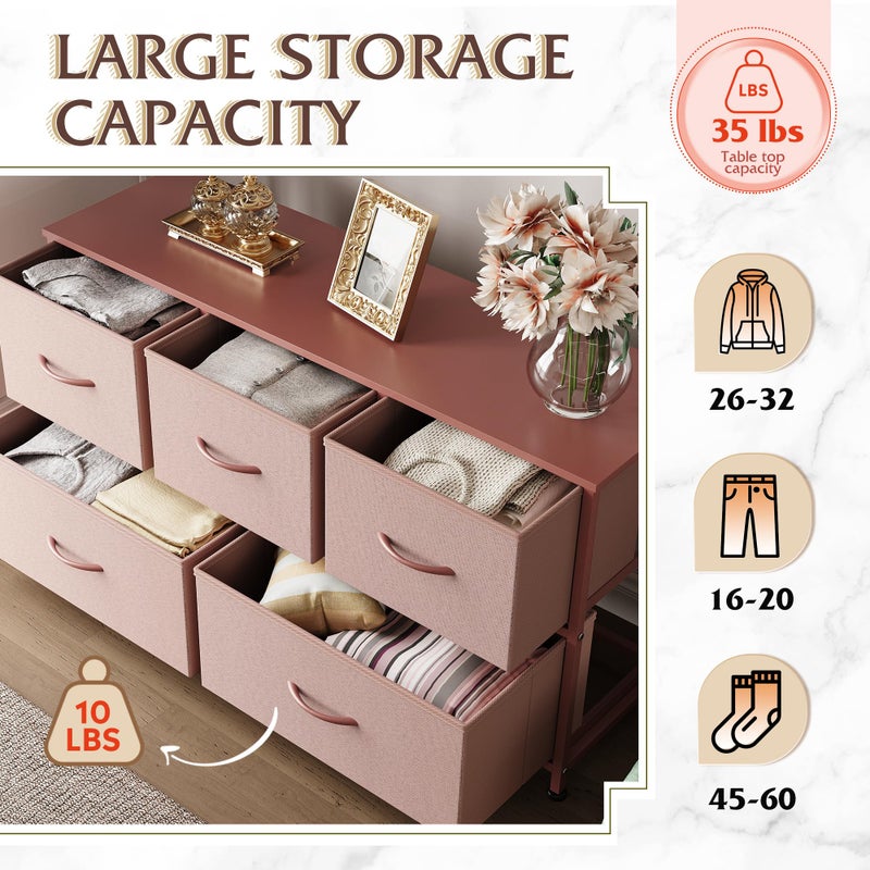 WLIVE Dresser for Bedroom with 5 Drawers, Wide Chest of Drawers, Fabric Dresser, Storage Organization Unit with Fabric Bins for Closet, Living Room, Hallway, Pink and Rose Gold - Image 4