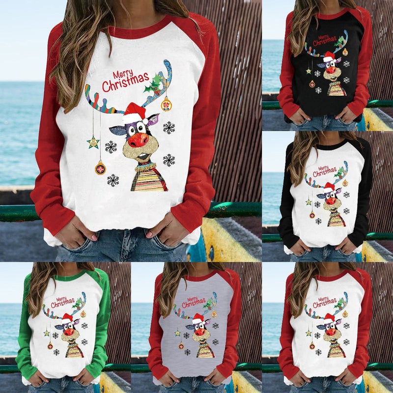 Cross-border 2022 Autumn New Simple Christmas Elk Print Loose Pullover Shoulder Long-sleeved T-shirt - Image 2