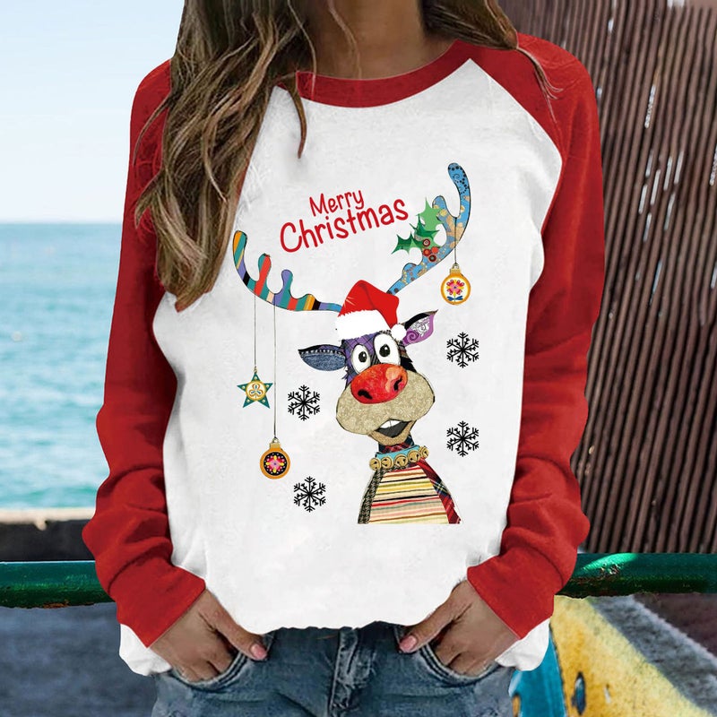 Cross-border 2022 Autumn New Simple Christmas Elk Print Loose Pullover Shoulder Long-sleeved T-shirt - Image 1