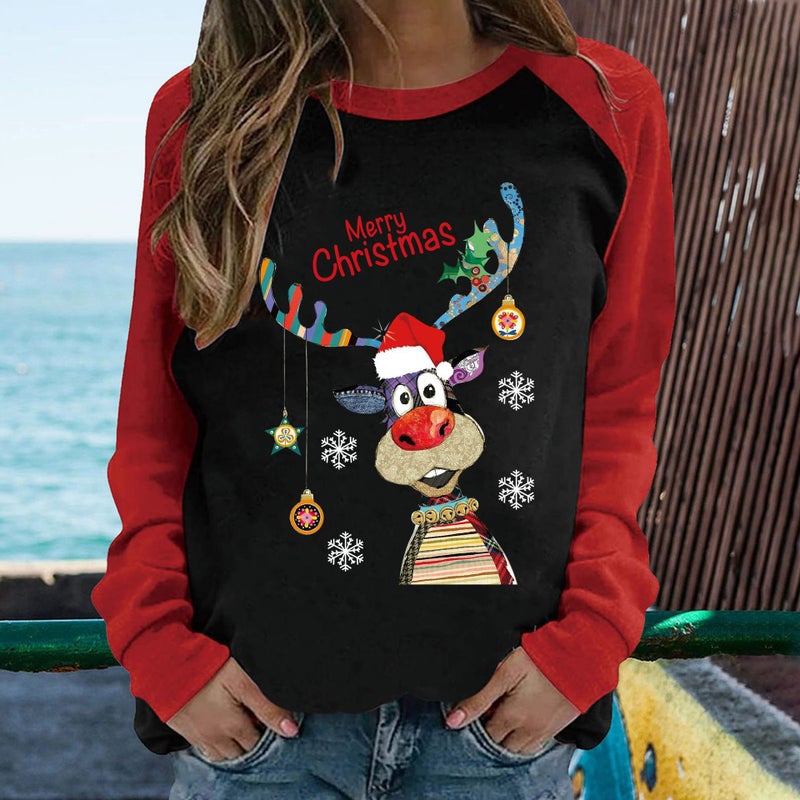 Cross-border 2022 Autumn New Simple Christmas Elk Print Loose Pullover Shoulder Long-sleeved T-shirt - Image 3