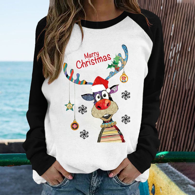 Cross-border 2022 Autumn New Simple Christmas Elk Print Loose Pullover Shoulder Long-sleeved T-shirt - Image 5