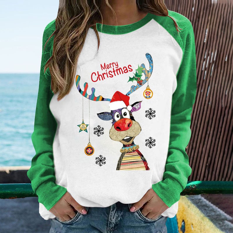 Cross-border 2022 Autumn New Simple Christmas Elk Print Loose Pullover Shoulder Long-sleeved T-shirt - Image 4
