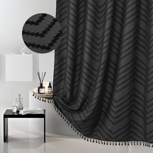 Siiluminisoy Extra Long Black Boho Shower Curtain with Tassel Woven Fabric Shower Curtain Tufted Chevron Striped 72 x 78 Modern Chic Textured Minimalist Bathroom Shower Curtain
