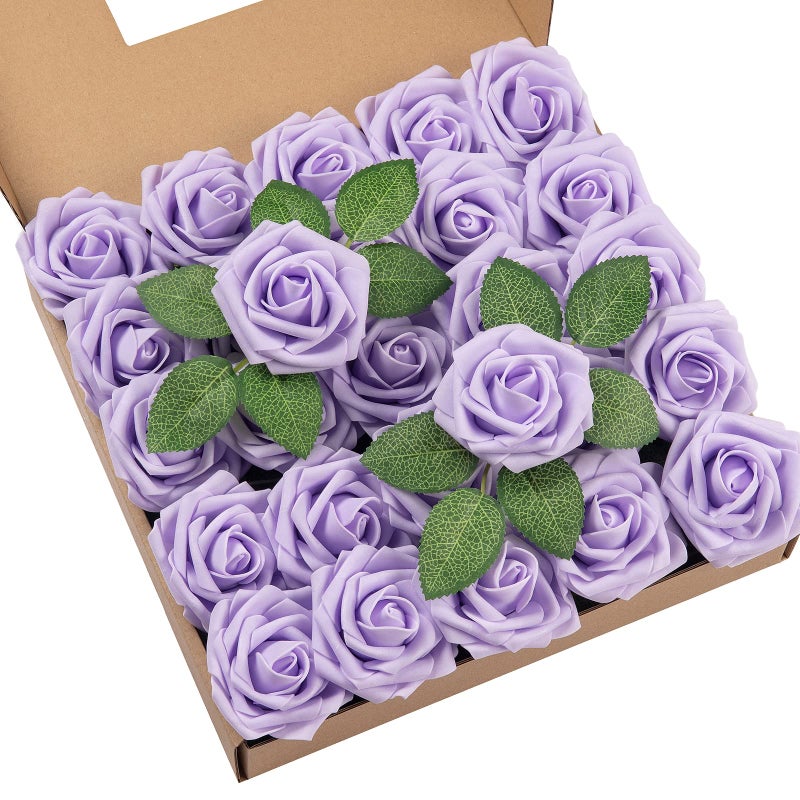 DuHouse 25Pcs Artificial Roses Flowers Fake Rose with Stems Real Touch Foam Flower Head for DIY Wedding Bridal Bouquet Baby Shower Centerpiece Floral Arrangement Party Home DecorLilac - Image 2