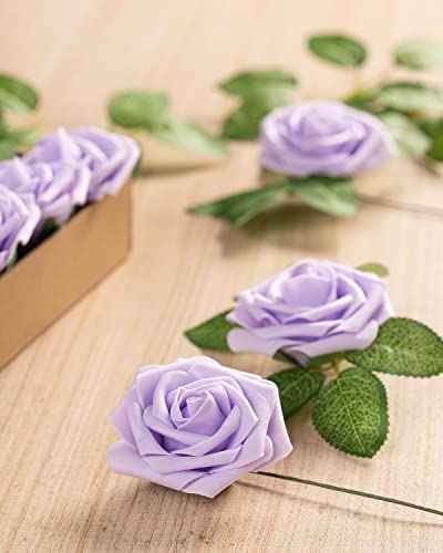 DuHouse 25Pcs Artificial Roses Flowers Fake Rose with Stems Real Touch Foam Flower Head for DIY Wedding Bridal Bouquet Baby Shower Centerpiece Floral Arrangement Party Home DecorLilac - Image 3