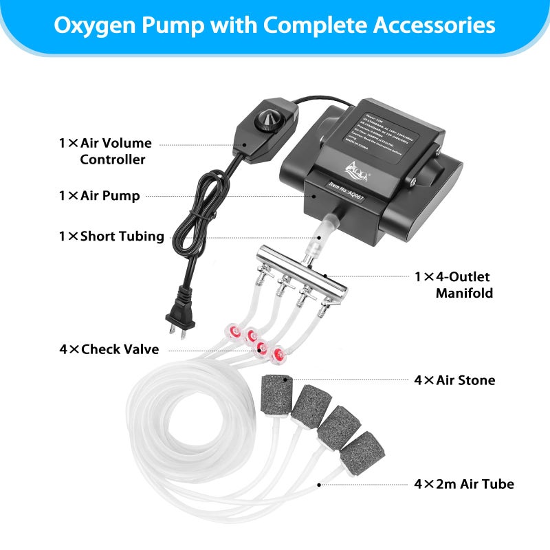AQQA Powerful Aquarium Air Pump Adjustable Fish Oxygen Aerator Pump for Basement Aquarium Ponds Hydroponic 4 Outlets Commercial Air Pump Bubbler with Accessories for Fish Tank Up to 600Gal(10W,237GPH) - Image 4