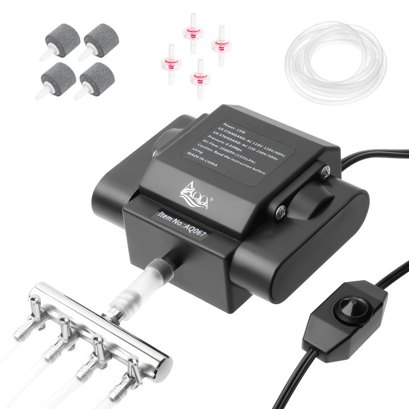 AQQA Powerful Aquarium Air Pump Adjustable Fish Oxygen Aerator Pump for Basement Aquarium Ponds Hydroponic 4 Outlets Commercial Air Pump Bubbler with Accessories for Fish Tank Up to 600Gal(10W,237GPH) - Image 1