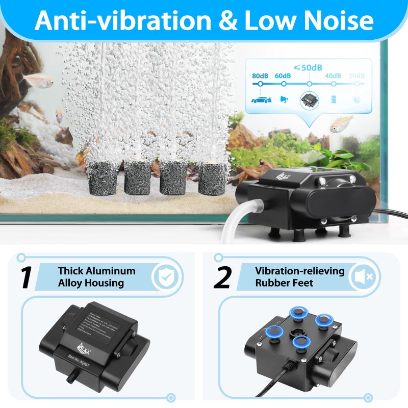AQQA Powerful Aquarium Air Pump Adjustable Fish Oxygen Aerator Pump for Basement Aquarium Ponds Hydroponic 4 Outlets Commercial Air Pump Bubbler with Accessories for Fish Tank Up to 600Gal(10W,237GPH) - Image 2