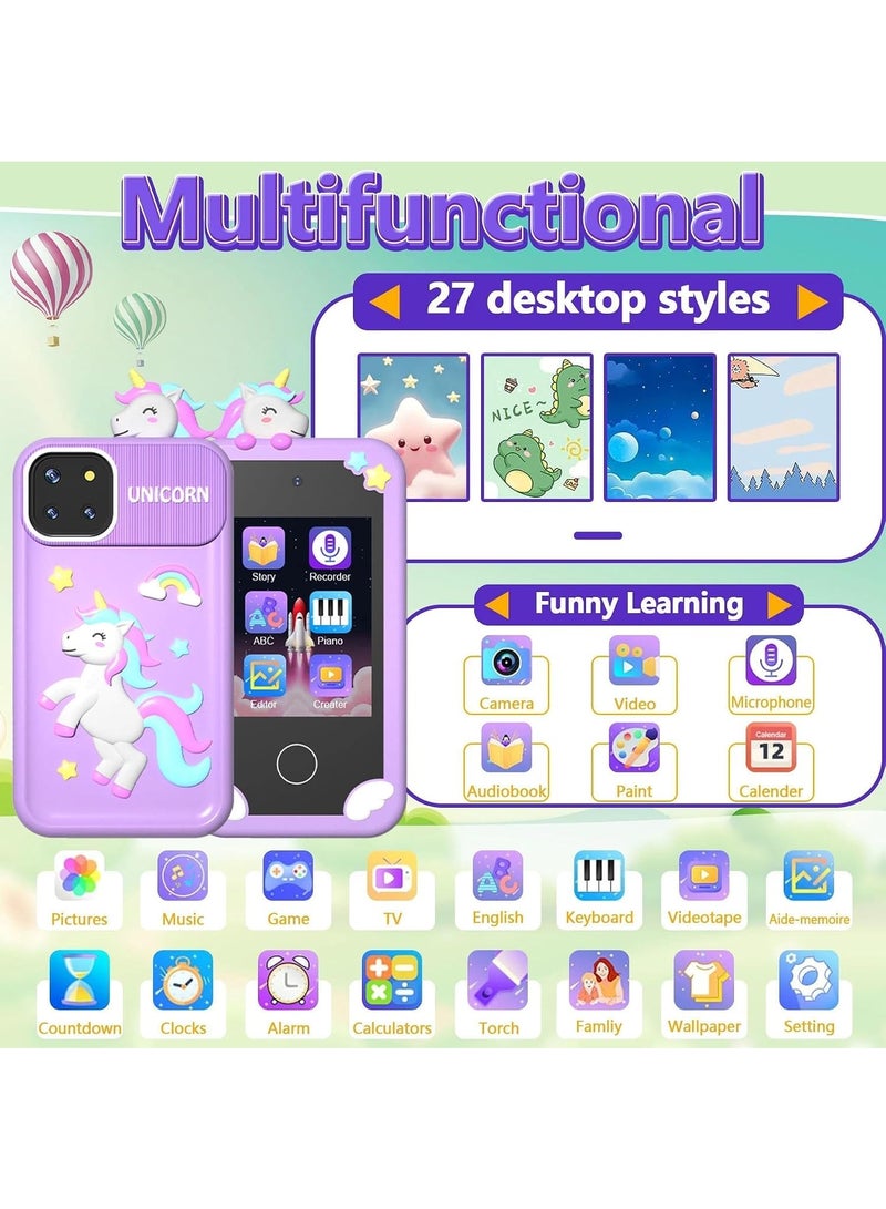 Unicorn Kids Smart Phone Toy with Dual Camera, 2.8" Touchscreen, Educational Games & Music Player, 32GB TF Card, Purple - Image 2