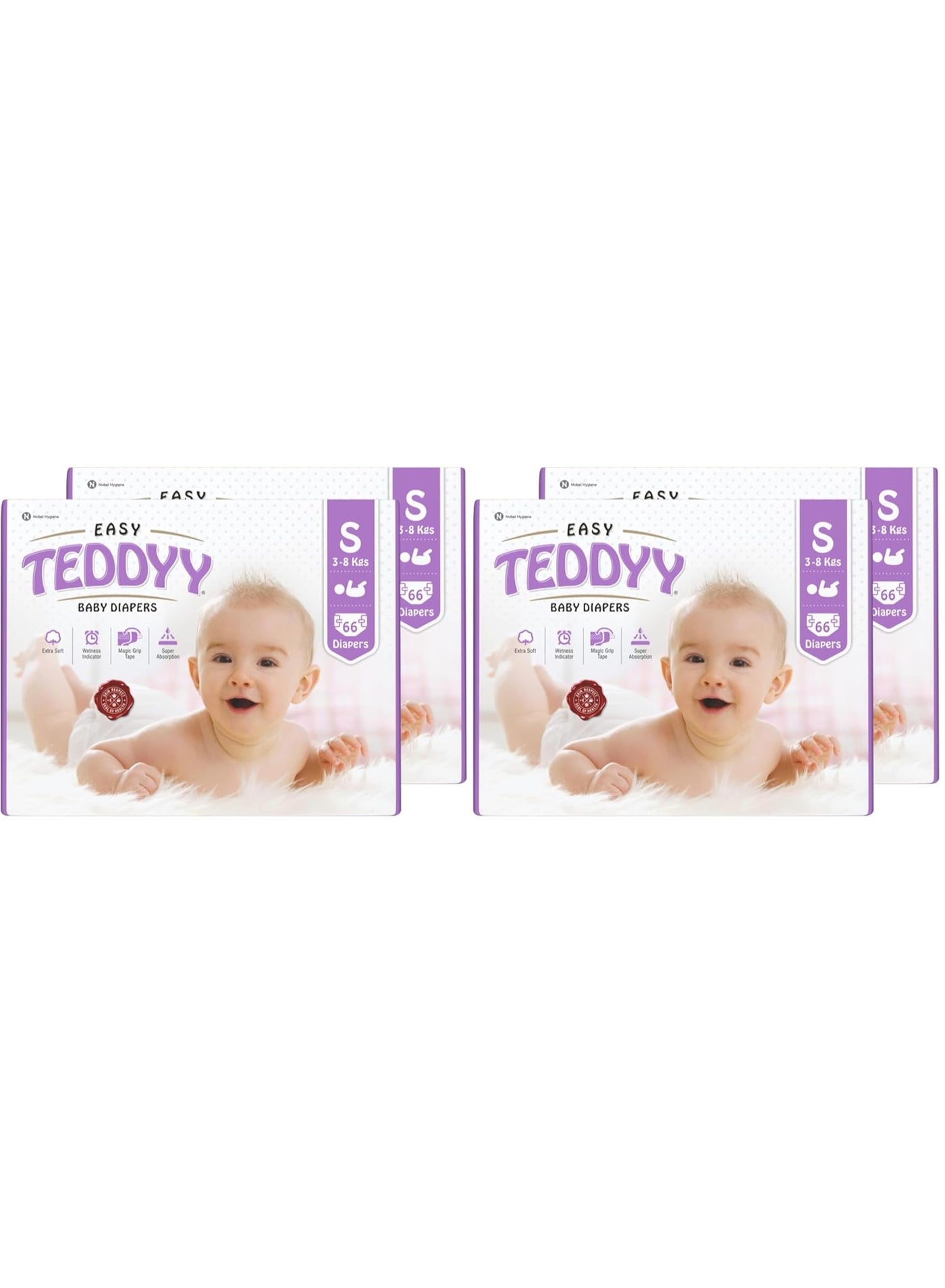 TEDDYY Easy Baby S Size Diaper Tape Style |66 Count (Small) | 3-8 kgs (Pack of 4) | Quick Absorbency | Extra Super Soft | Anti - Bacterial | Colour Changing Wetness Indicator with Adjustable Grip Tape