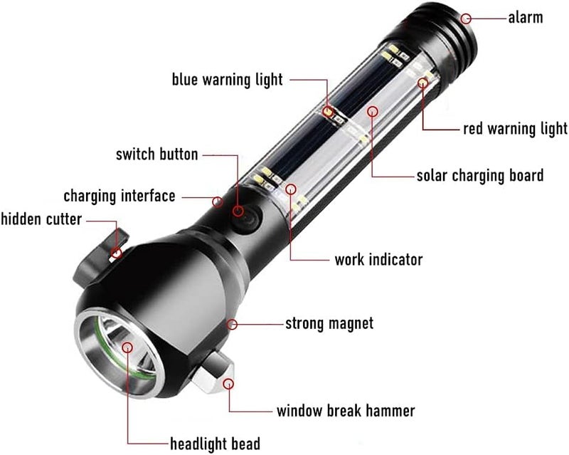 HaRvic HaRvic Aluminium 7 Mode Rechargeable Solar Led Torch Flashlight Use for Car Emergency Long Distance Beam Range Car Rescue Torch with Hammer Window Glass Emergency Bright Light  - Image 3