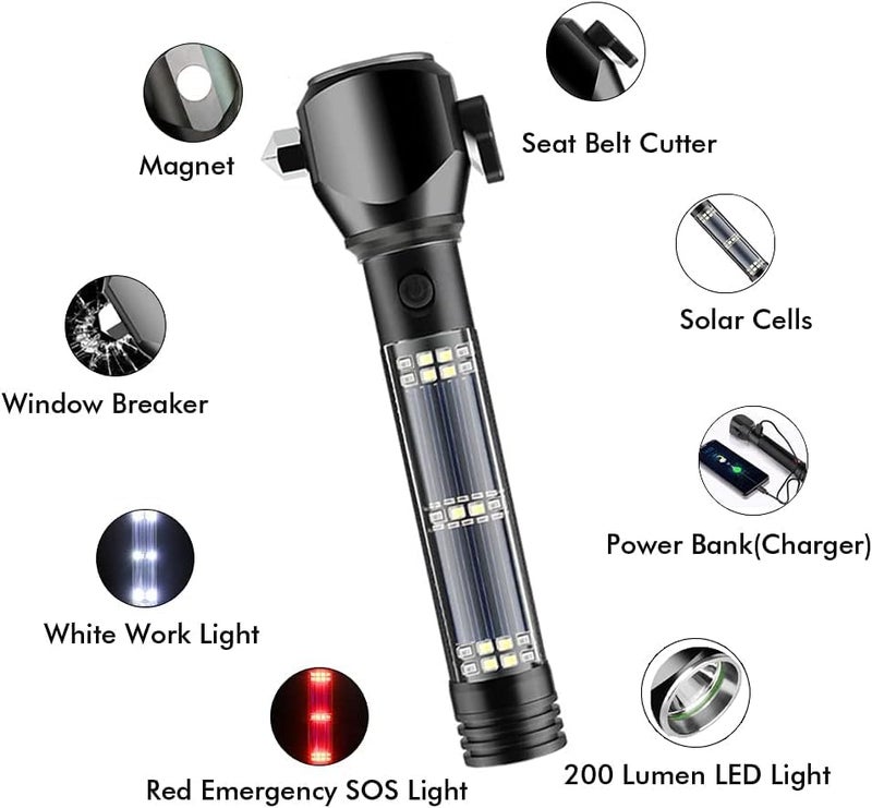 HaRvic HaRvic Aluminium 7 Mode Rechargeable Solar Led Torch Flashlight Use for Car Emergency Long Distance Beam Range Car Rescue Torch with Hammer Window Glass Emergency Bright Light  - Image 2