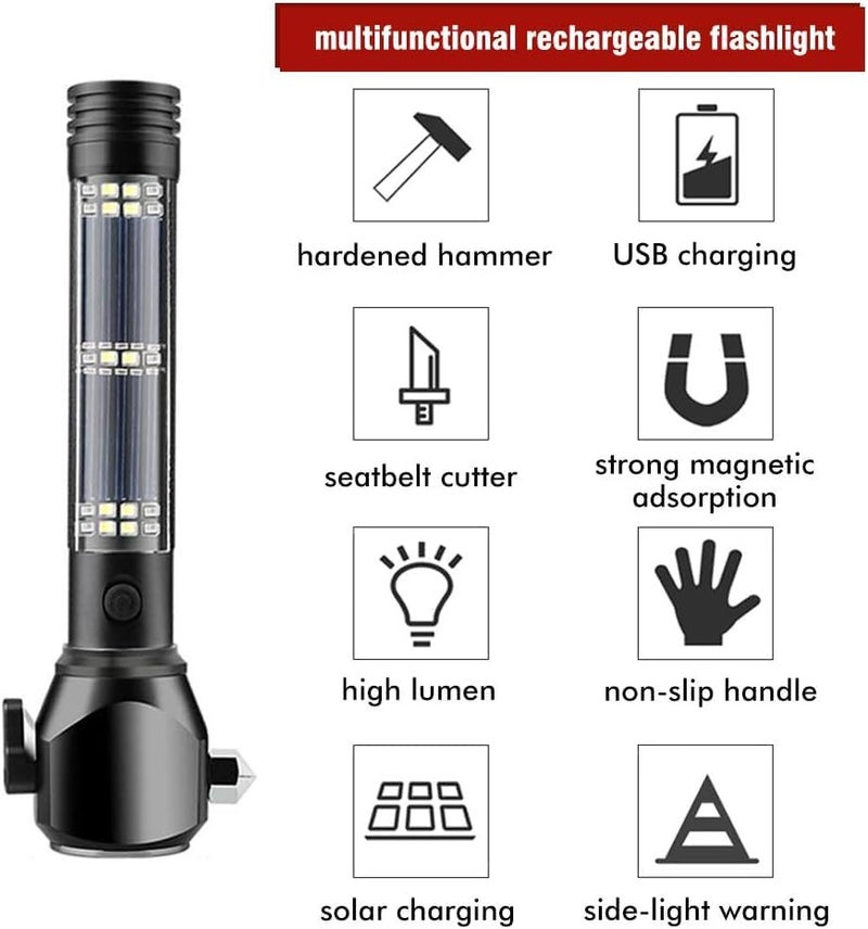 HaRvic HaRvic Aluminium 7 Mode Rechargeable Solar Led Torch Flashlight Use for Car Emergency Long Distance Beam Range Car Rescue Torch with Hammer Window Glass Emergency Bright Light  - Image 4