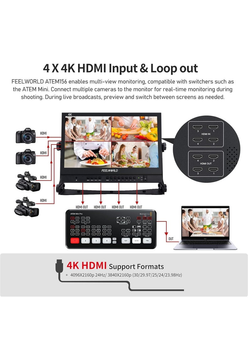 FEELWORLD ATEM156 Quad-Split Monitor 4K 15.6" director’s monitor with 4 x HDMI I/O Live Streaming Broadcast Monitor for Switchers, Mixer, Studio, Television