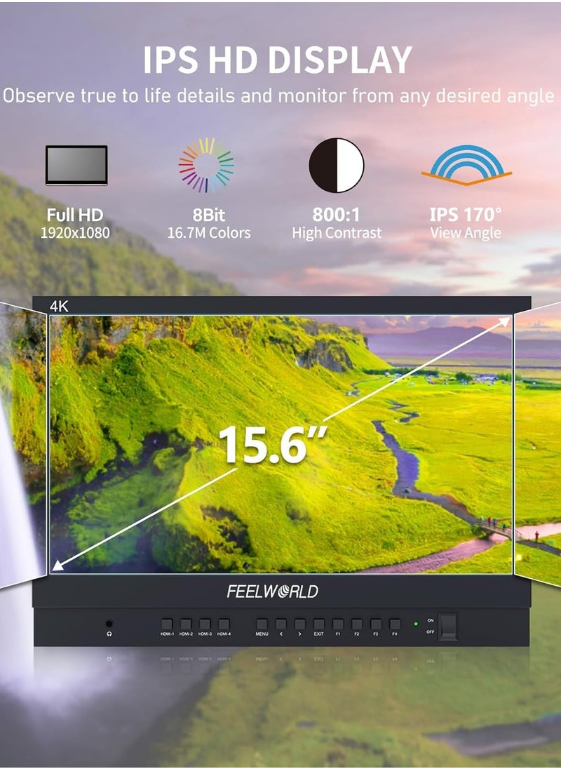 FEELWORLD ATEM156 Quad-Split Monitor 4K 15.6" director’s monitor with 4 x HDMI I/O Live Streaming Broadcast Monitor for Switchers, Mixer, Studio, Television