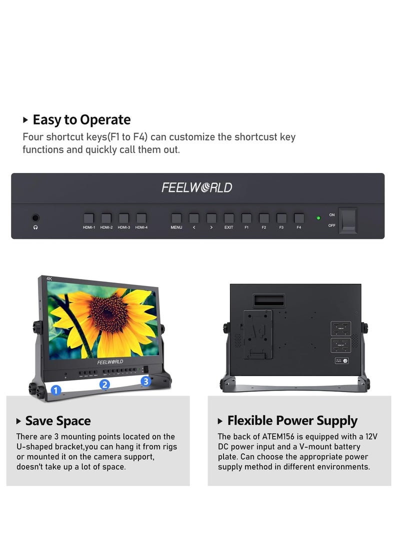 FEELWORLD ATEM156 Quad-Split Monitor 4K 15.6" director’s monitor with 4 x HDMI I/O Live Streaming Broadcast Monitor for Switchers, Mixer, Studio, Television