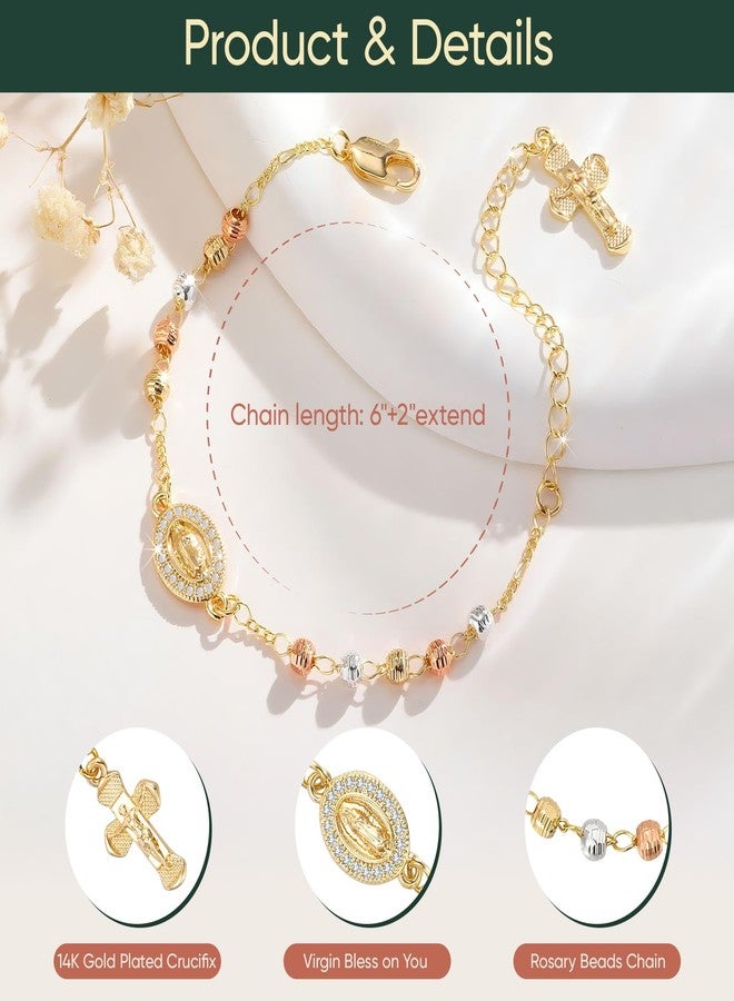 XUANPAI Women's Gold Rosary Beads Bracelet - 14K Gold Plated Virgin Mary Jesus Cross Rosary Bracelets,Catholic Crucifix Charm Link Jewelry,Dainty Virgen de Guadalupe Religious Gift for My Godmother Easter - Image 4