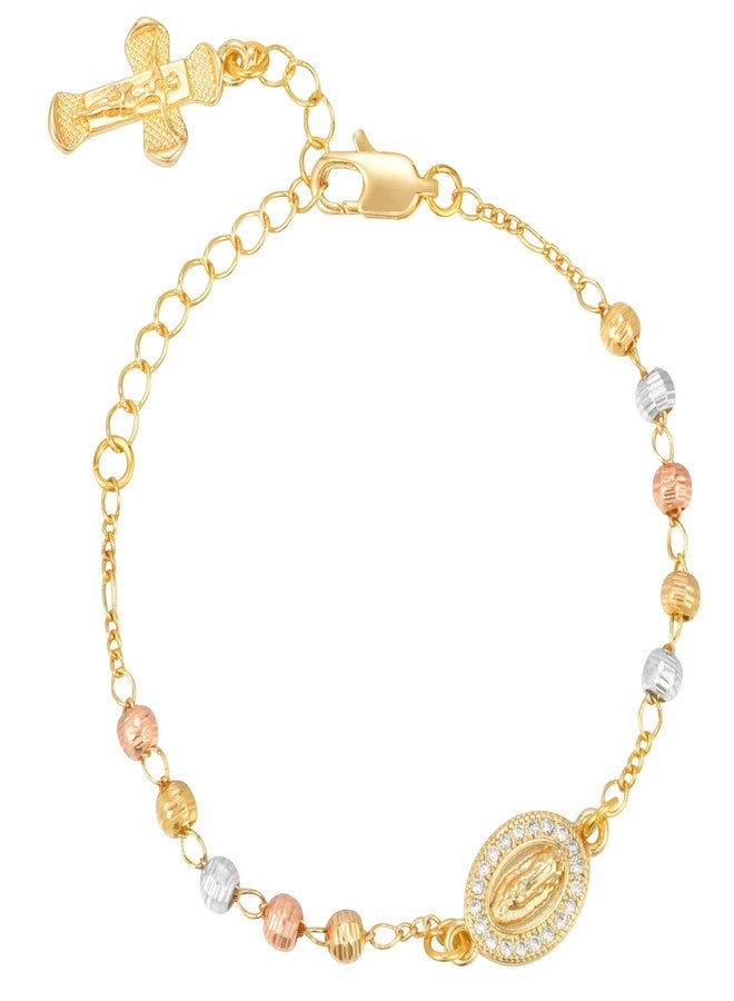 XUANPAI Women's Gold Rosary Beads Bracelet - 14K Gold Plated Virgin Mary Jesus Cross Rosary Bracelets,Catholic Crucifix Charm Link Jewelry,Dainty Virgen de Guadalupe Religious Gift for My Godmother Easter - Image 1