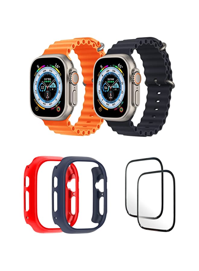 vesus Silicone Ocean Band Strap for Apple Watch Ultra 8 49mm Orange/Black , Case Compatible with Apple Watch Ultra 49mm Red/Blue , 2* pcs Watch glass Set of 6