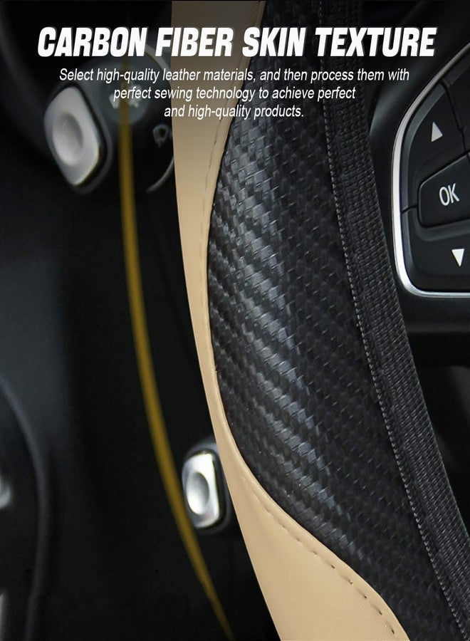 LoyaForba Car Steering Wheel Cover, 15 Inch PU Leather Carbon Fiber Elastic Stretch Without Inner Ring, Breathable Anti-Slip Auto Steering Wheel Protector for Women Men, Universal for Most Cars (Beige) - Image 3