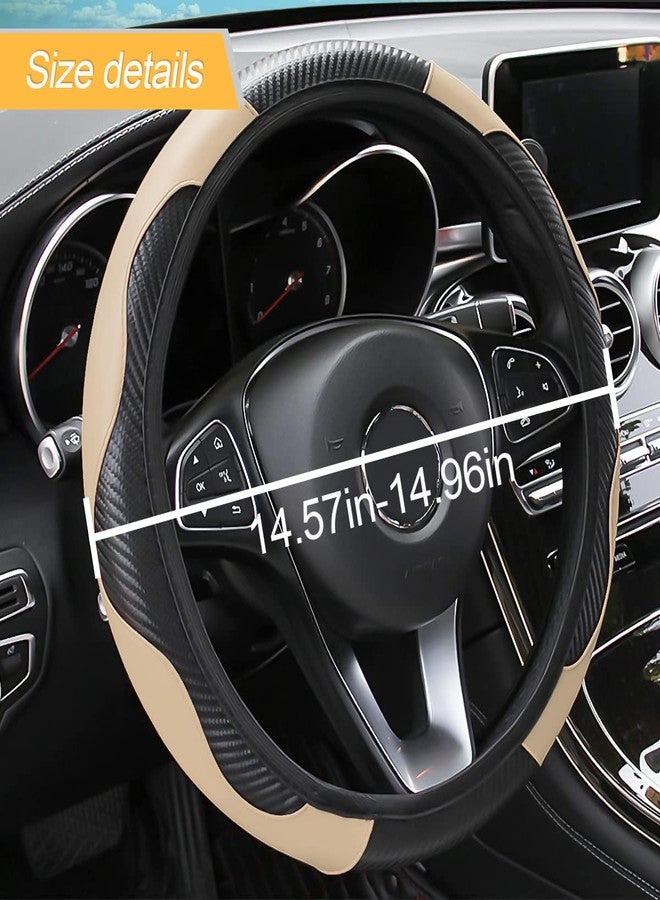 LoyaForba Car Steering Wheel Cover, 15 Inch PU Leather Carbon Fiber Elastic Stretch Without Inner Ring, Breathable Anti-Slip Auto Steering Wheel Protector for Women Men, Universal for Most Cars (Beige) - Image 2