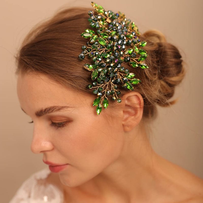 BERYUAN Green Crystal Rhinestone Hair Comb Handmade Fashion Jewelry Hair Accessory for Women and Girls Teardrop Rhinestone Headband with Green Beads Size 1510CM Ideal for Wedding and Parties