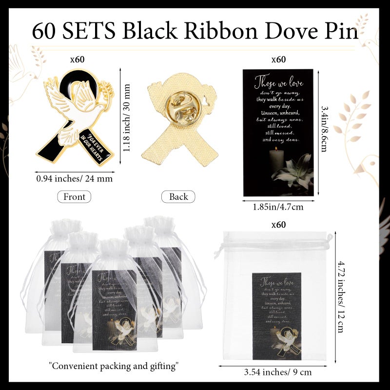 Loetere 60 Set Funeral Ribbon Dove Pins Funeral Favors for Guests Awareness Lapel Pin Brooch with Prayer Cards Organza Bags for People in Mourning Remembrance Day Event(Black) - Image 2