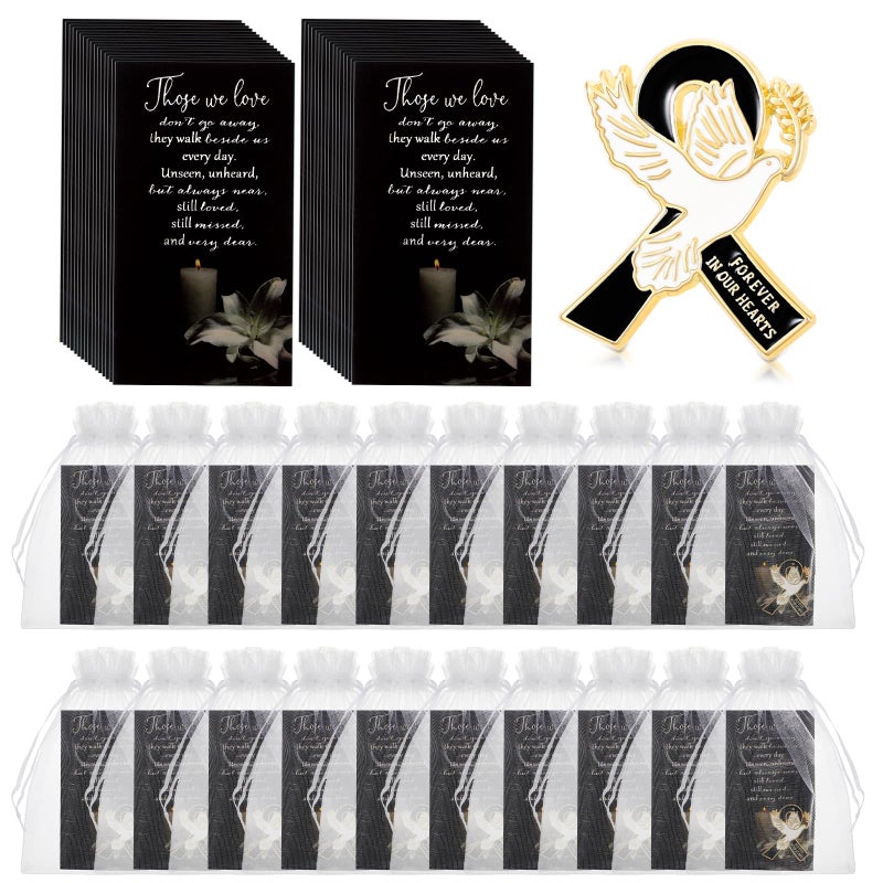Loetere 60 Set Funeral Ribbon Dove Pins Funeral Favors for Guests Awareness Lapel Pin Brooch with Prayer Cards Organza Bags for People in Mourning Remembrance Day Event(Black) - Image 1