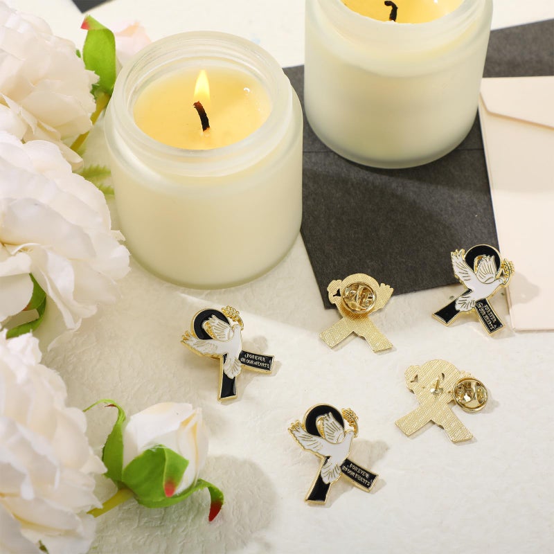 Loetere 60 Set Funeral Ribbon Dove Pins Funeral Favors for Guests Awareness Lapel Pin Brooch with Prayer Cards Organza Bags for People in Mourning Remembrance Day Event(Black) - Image 4