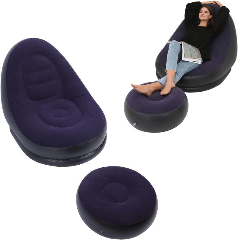 Inflatable Chair with Ottoman for Adults Folding Portable Lazy Sofa with Foot Stool for Camping,Gaming Inflatable Couch for Adults with Flocked Surface with Pump and repair patches (Purple) - Image 1
