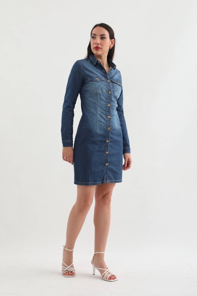 Markapia Women's Long Sleeve Buttoned Jean Dress Dark Blue - Image 3