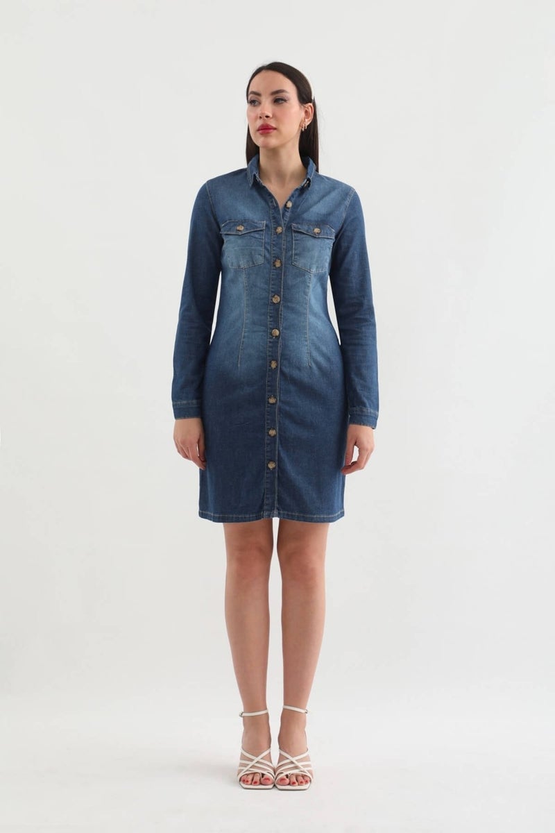Markapia Women's Long Sleeve Buttoned Jean Dress Dark Blue - Image 5