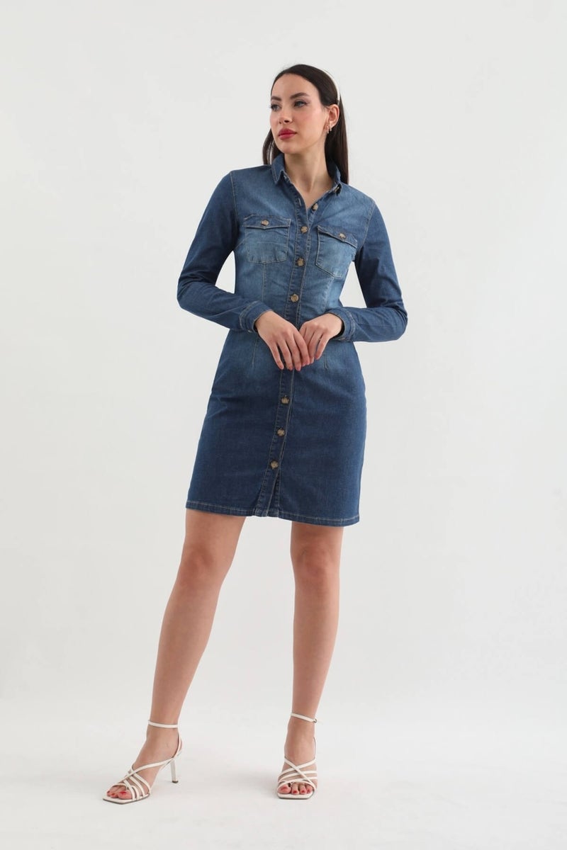 Markapia Women's Long Sleeve Buttoned Jean Dress Dark Blue - Image 2