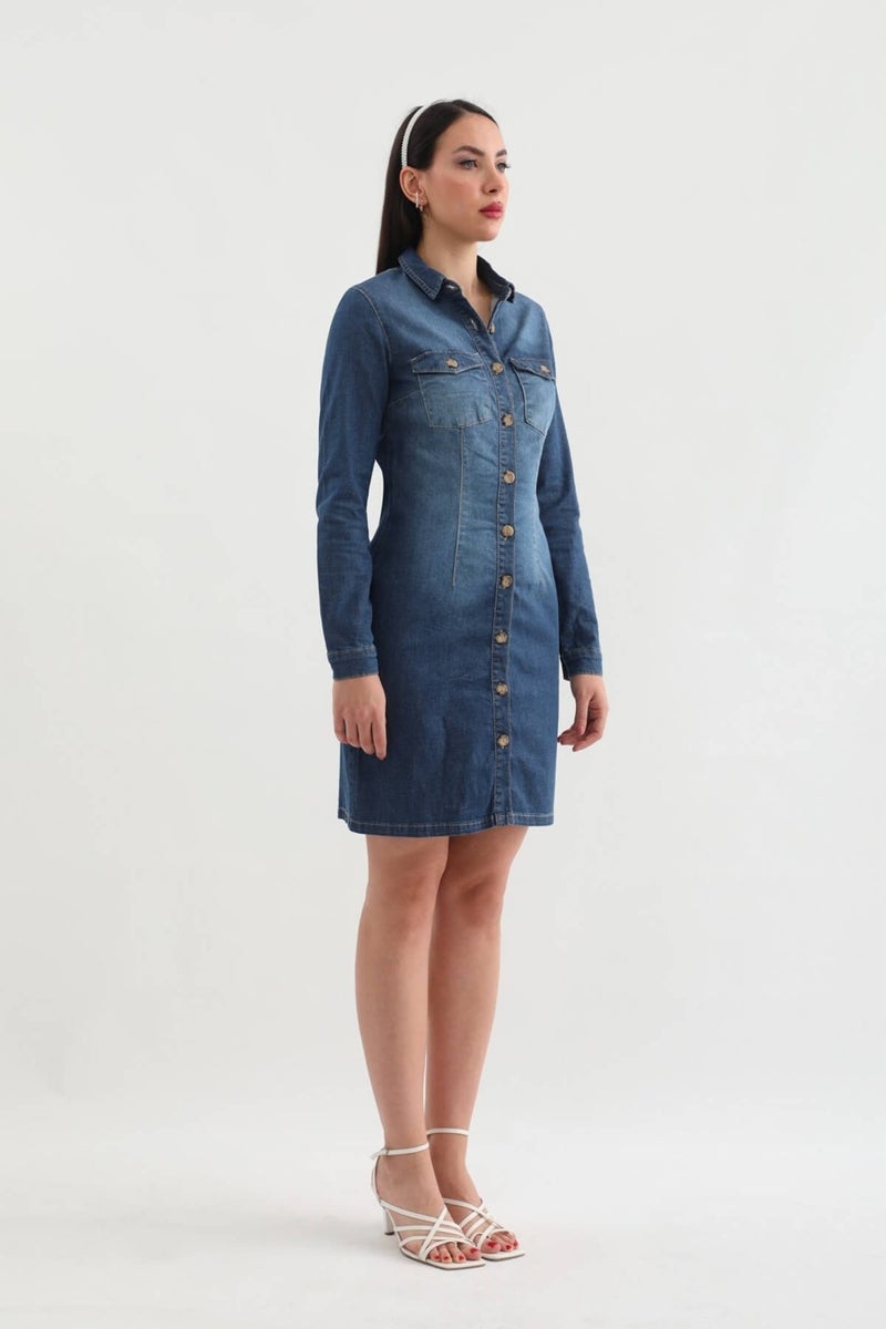 Markapia Women's Long Sleeve Buttoned Jean Dress Dark Blue - Image 4