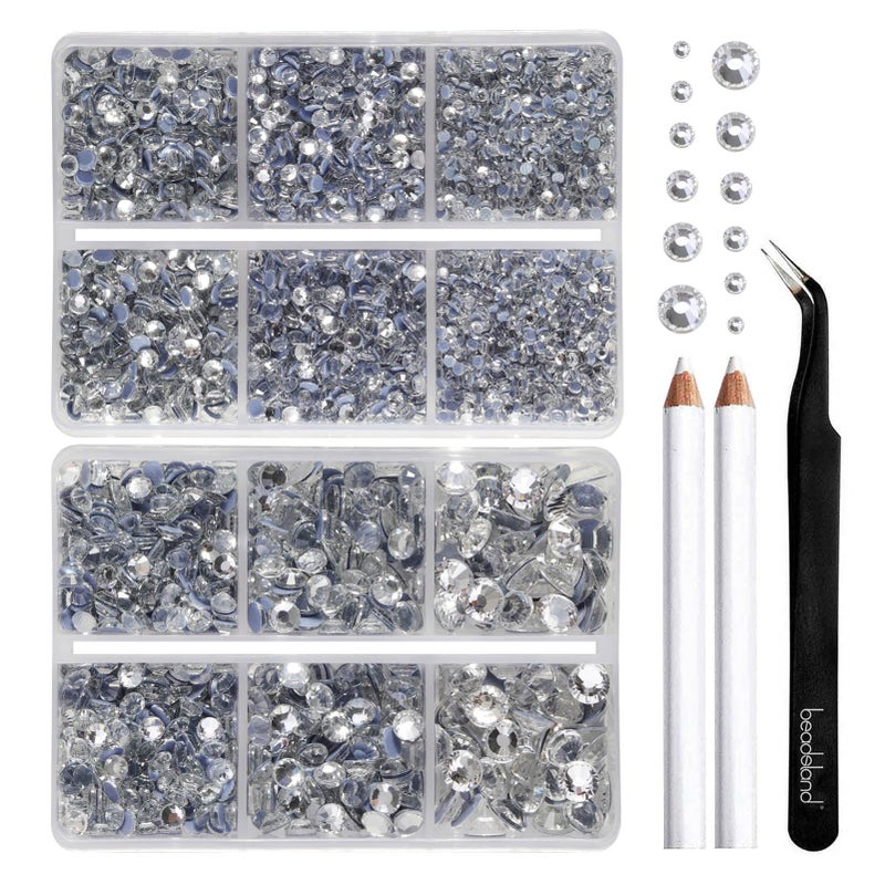 BEADSLAND Hotfix Rhinestones 6080PCS Clear Rhinestones for Clothes Crafts Mixed 6 Sizes with Wax Pencil and Tweezers Kit SS6SS30 Crystal