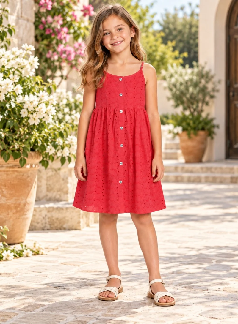 Babyqlo Girls Coral Red Cotton Eyelet Sleeveless Dress