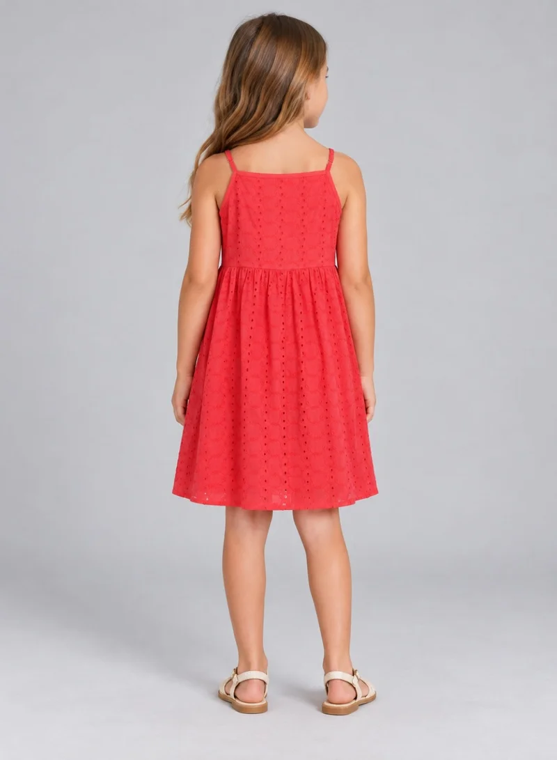 Babyqlo Girls Coral Red Cotton Eyelet Sleeveless Dress
