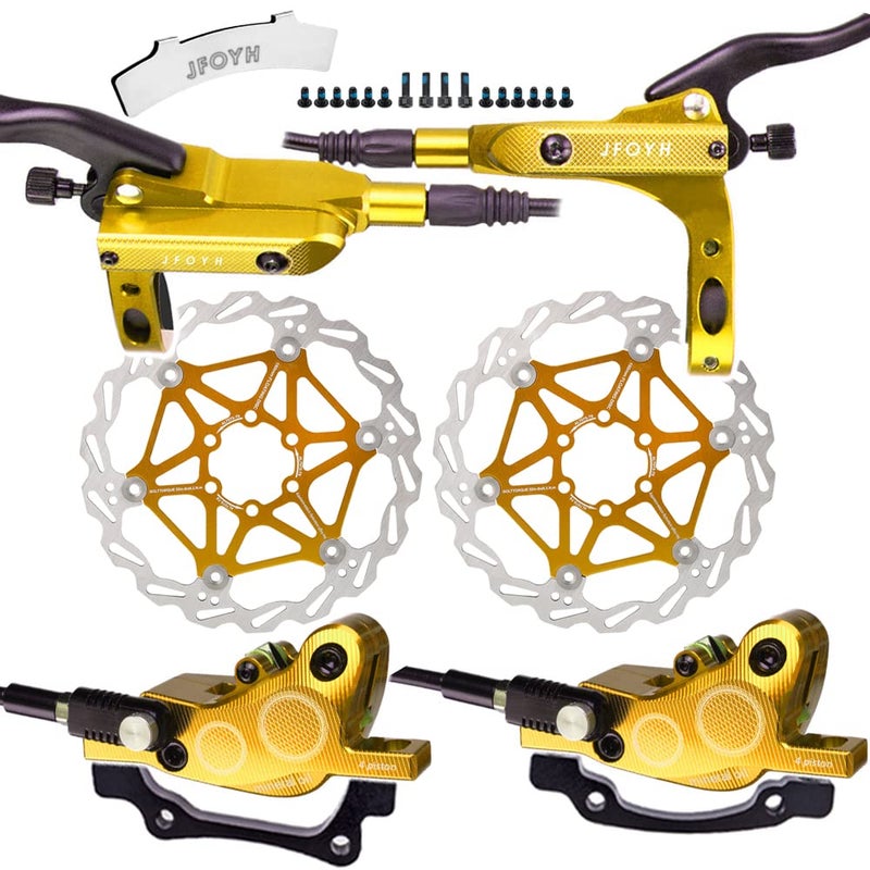 Generic JFOYH 4-Piston MTB Hydraulic Brake Set with 160mm Floating Disc Rotors, Front and Rear Hydraulic Disc Brake Kit For MTB(Pre-bled, Left-Front/Right-Rear)-Golden  - Image 1