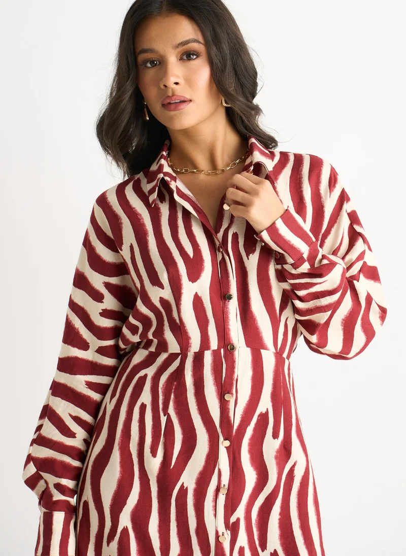 Gini London  Burgundy Zebra Print Batwing Sleeve Shirt Dress for Women | Best Price UAE