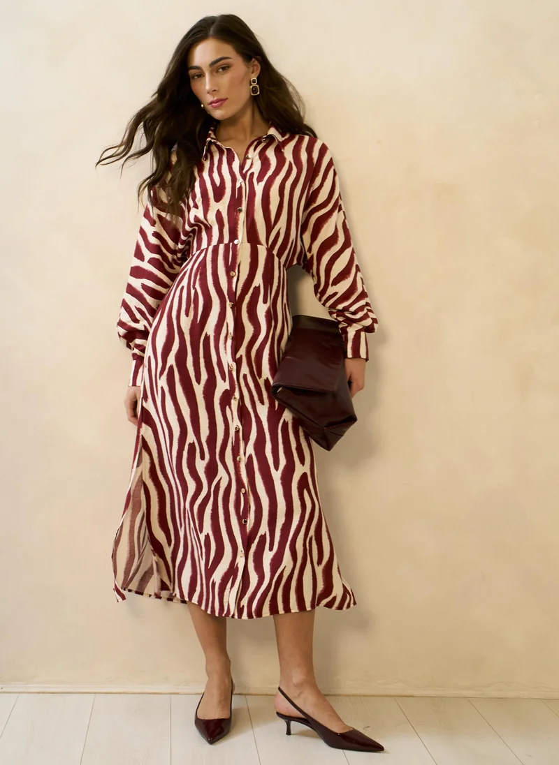 Gini London Burgundy Zebra Print Batwing Sleeve Shirt Dress