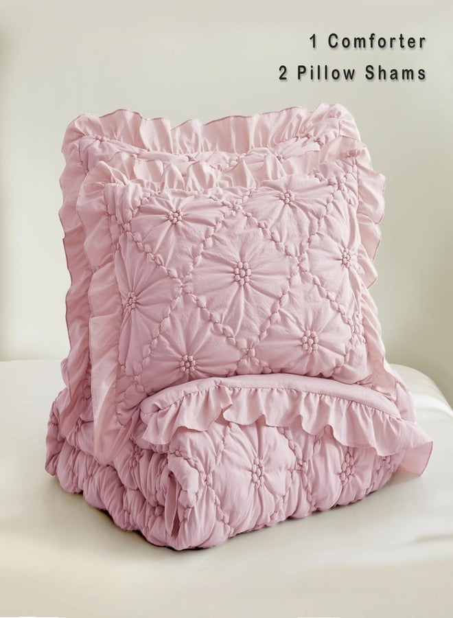 BEDAZZLED Queen Size Comforter Sets, Pink Bedding Comforter Set, 3 Pieces Pinch Pleat Bedding Sets with Comforter and Pillowcases Soft Farmhouse Shabby Chic Comforter for All Seasons - Image 5