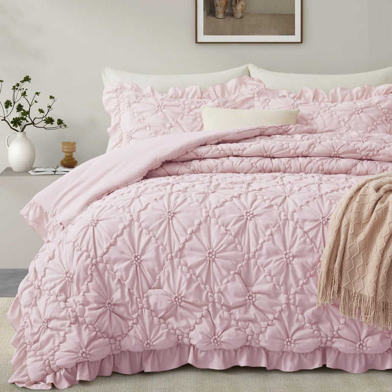 BEDAZZLED Queen Size Comforter Sets, Pink Bedding Comforter Set, 3 Pieces Pinch Pleat Bedding Sets with Comforter and Pillowcases Soft Farmhouse Shabby Chic Comforter for All Seasons - Image 1