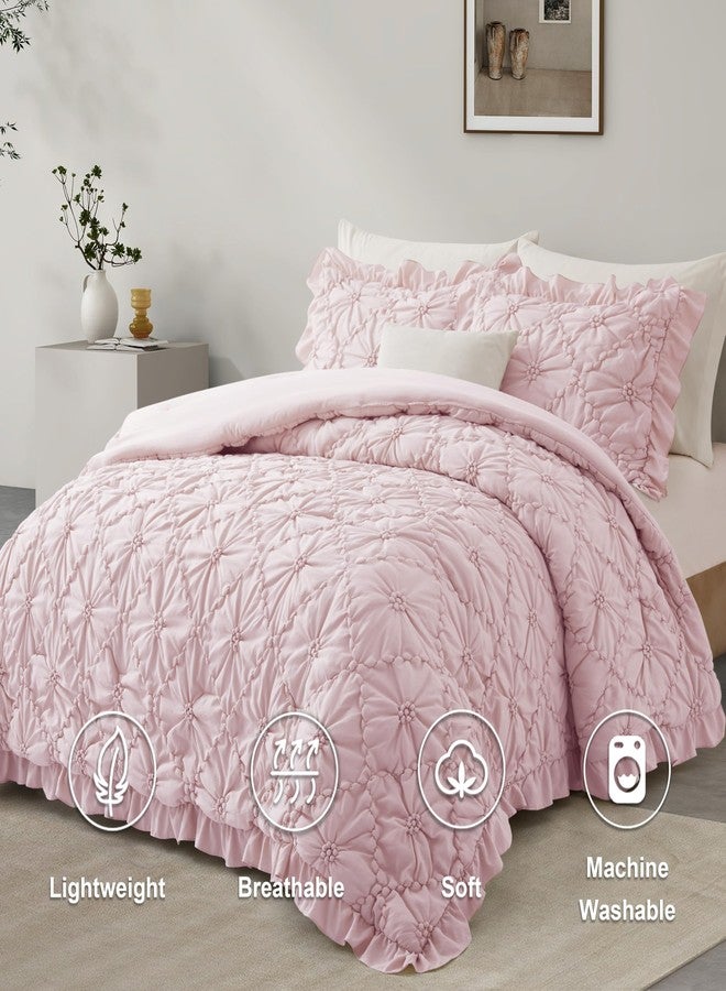 BEDAZZLED Queen Size Comforter Sets, Pink Bedding Comforter Set, 3 Pieces Pinch Pleat Bedding Sets with Comforter and Pillowcases Soft Farmhouse Shabby Chic Comforter for All Seasons - Image 2
