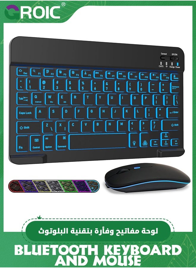 GROIC Black Ultra-Slim Bluetooth Keyboard and Mouse Portable Mini Wireless Keyboard Rechargeable 7-Color Backlit for Apple iPad iPhone Samsung Tablet iPhone Smartphone iOS Android Windows, Round Keys  - Image 1