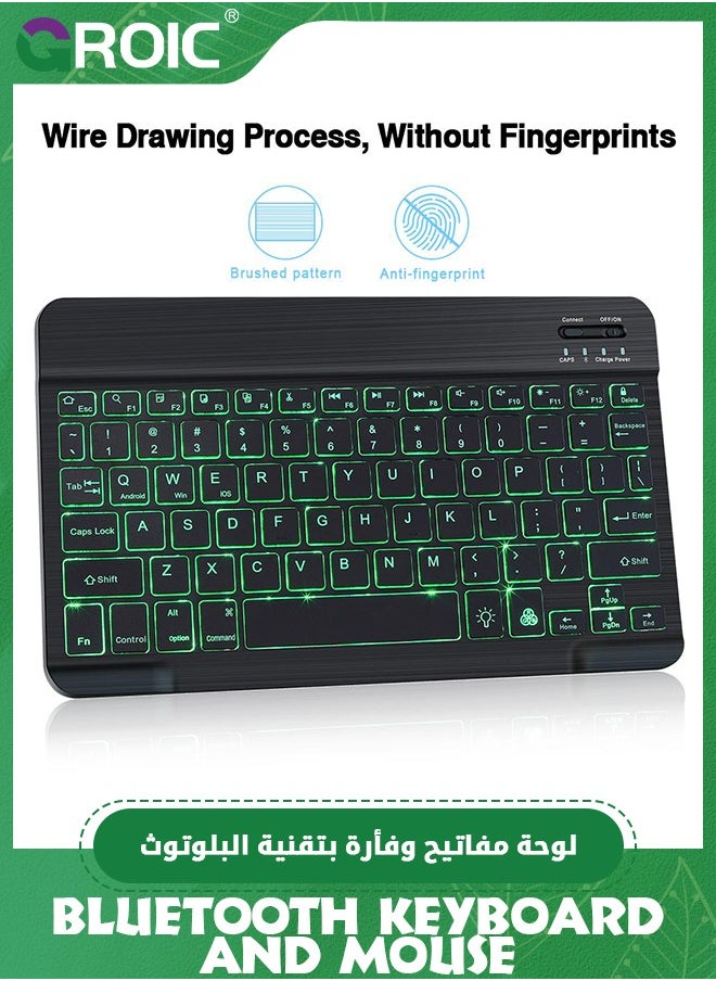 GROIC - Black Ultra-Slim Bluetooth Keyboard and Mouse Portable Mini Wireless Keyboard Rechargeable 7-Color Backlit for Apple iPad iPhone Samsung Tablet iPhone Smartphone iOS Android Windows, Round Keys - Image 1