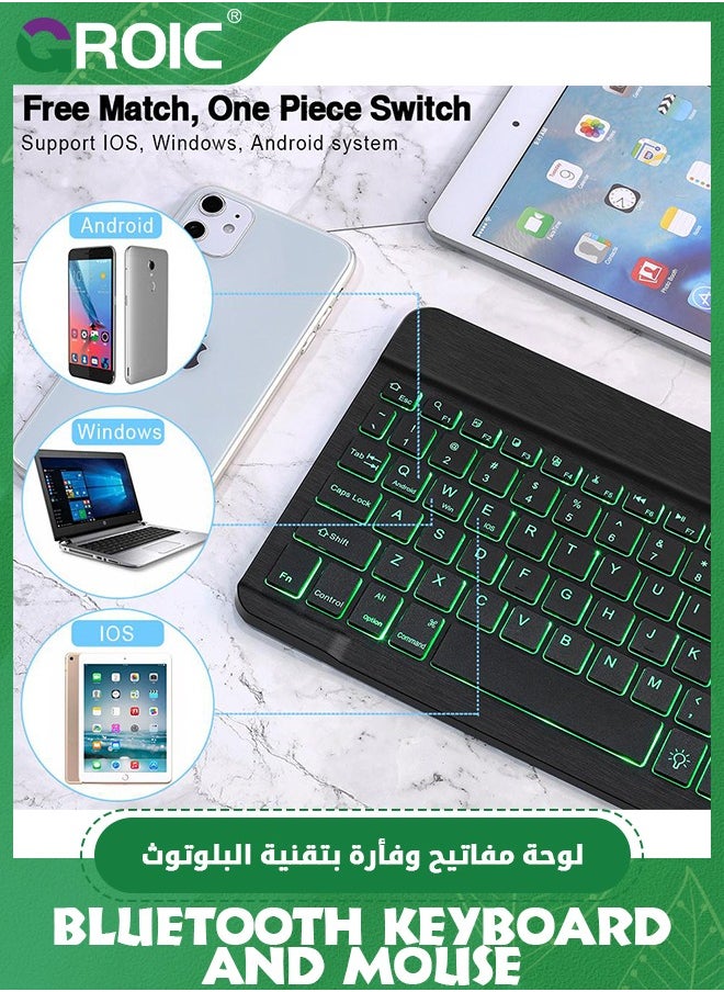 GROIC - Black Ultra-Slim Bluetooth Keyboard and Mouse Portable Mini Wireless Keyboard Rechargeable 7-Color Backlit for Apple iPad iPhone Samsung Tablet iPhone Smartphone iOS Android Windows, Round Keys - Image 1