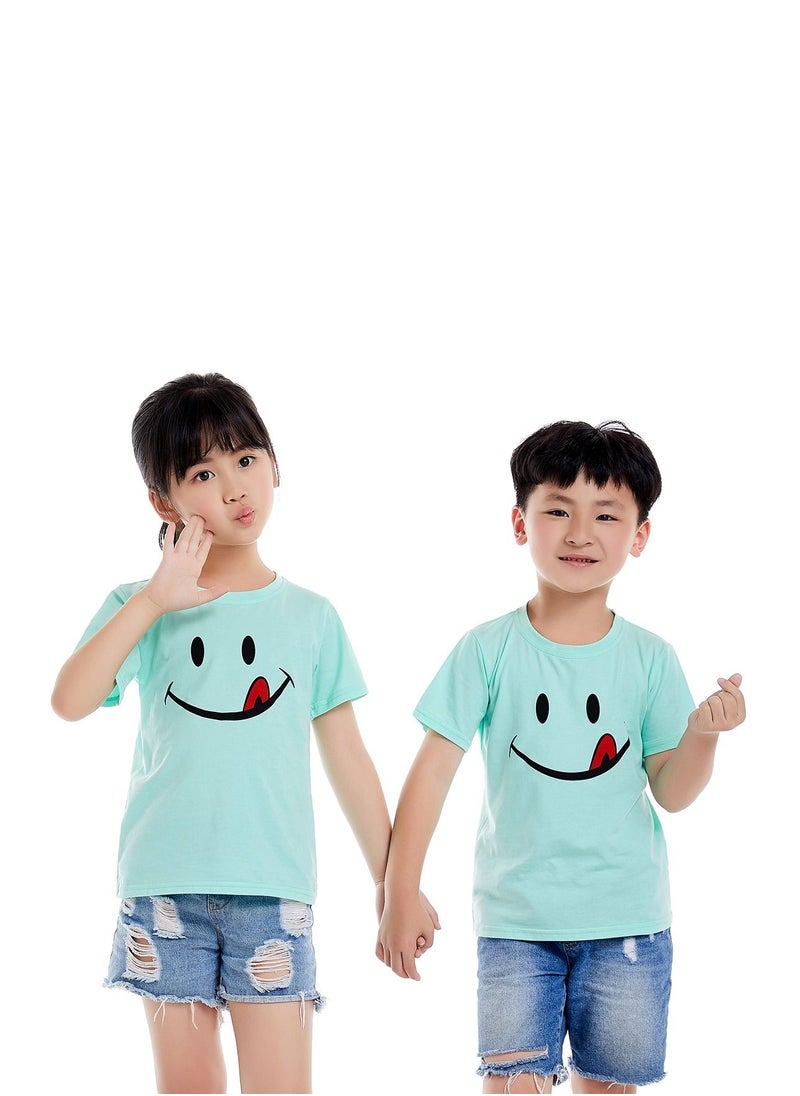 Loquat - Unisex Family Couple Parent-Child clothing Smiley Face Pattern T-shirt Light Green - Image 1