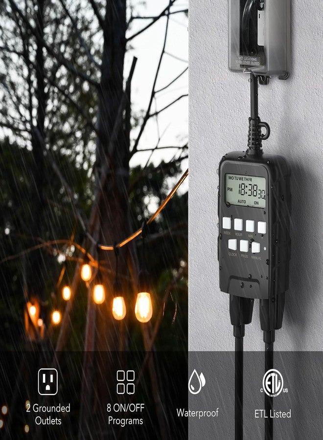 BN-LINK 7 Day Outdoor Heavy Duty Digital Programmable Timer, 125VAC, 60Hz, Dual Outlet, Weatherproof, Heavy Duty, Accurate For Lamps Ponds Christmas Lights 1875W 1/2HP ETL Listed - Image 3
