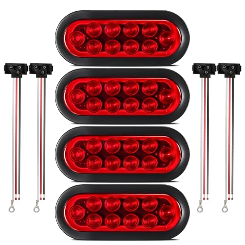 Partsam 4pcs Trailer Truck LED Sealed RED 6 Oval StopTurnTail Lights Flush Mount Waterproof Including 3pin Water Tight Plug with Wires and Grommets Sealed DOT Compliant